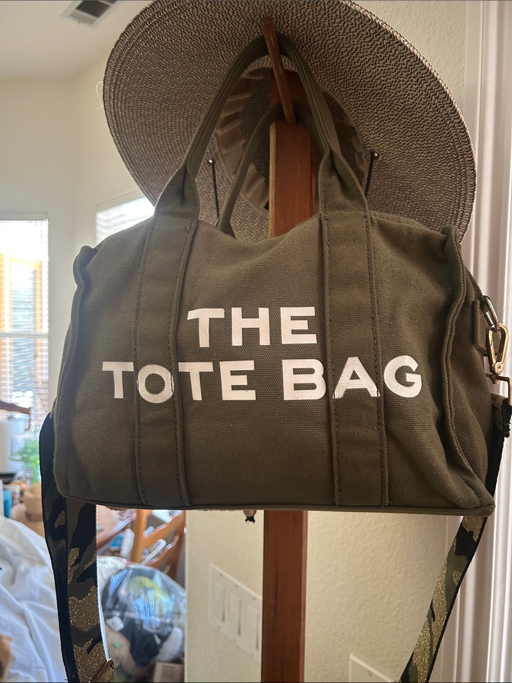 Canvas Shoulder Tote Bag in Olive Green with White Print